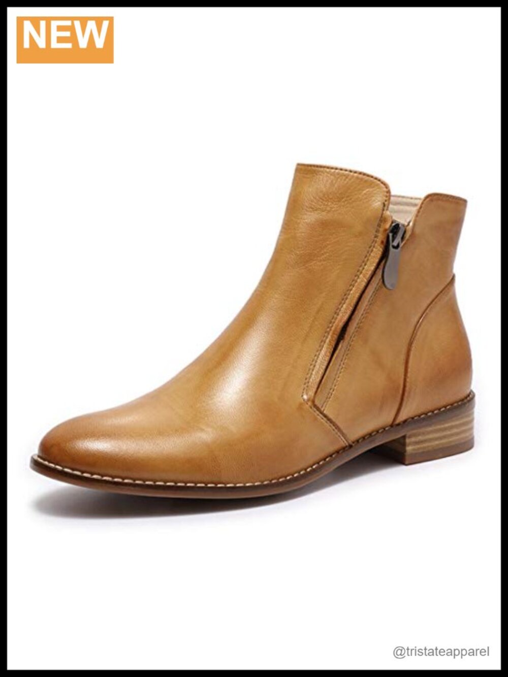 Women's Leather Ankle Boots Low Heel Dual Zippers Almond Toe Booties
